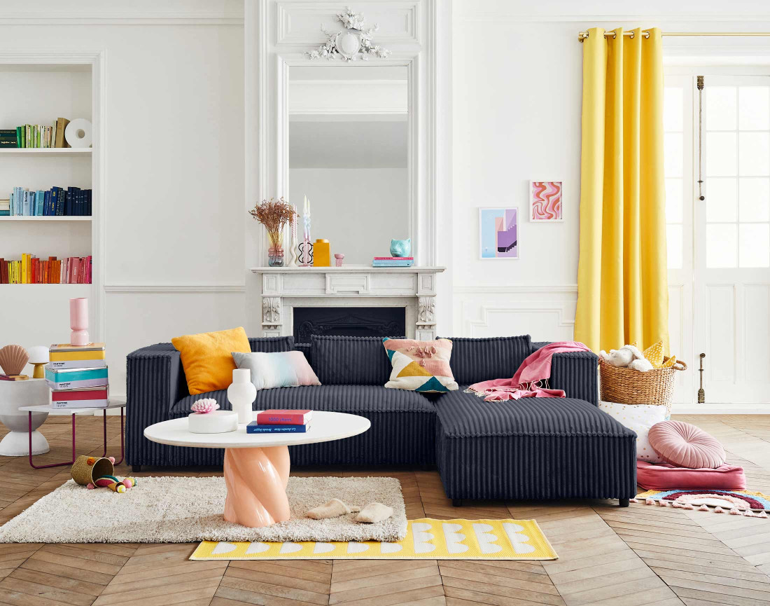 Canapé d'angle droit 4 places en velours côtelé grosses côtes Stella