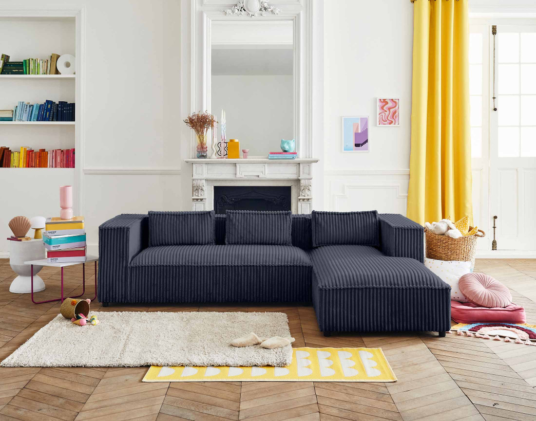 Canapé d'angle droit 4 places en velours côtelé grosses côtes Stella