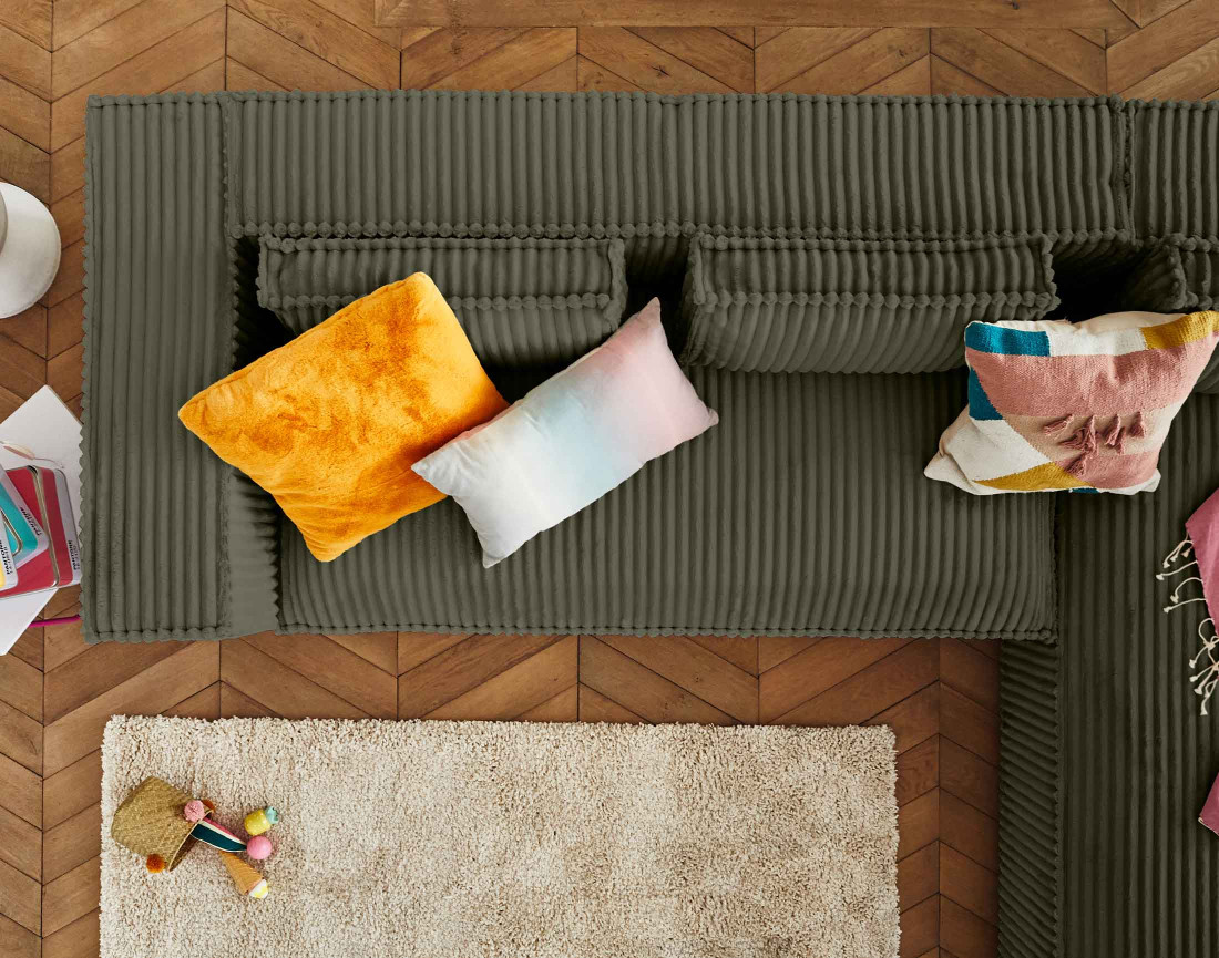 Canapé d'angle droit 4 places en velours côtelé grosses côtes Stella