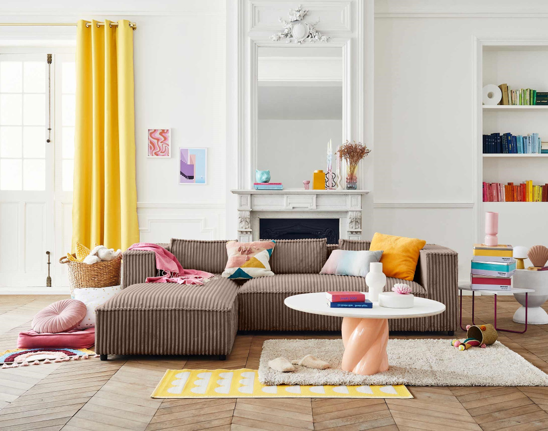 Canapé d'angle gauche 4 places en velours côtelé grosses côtes Stella