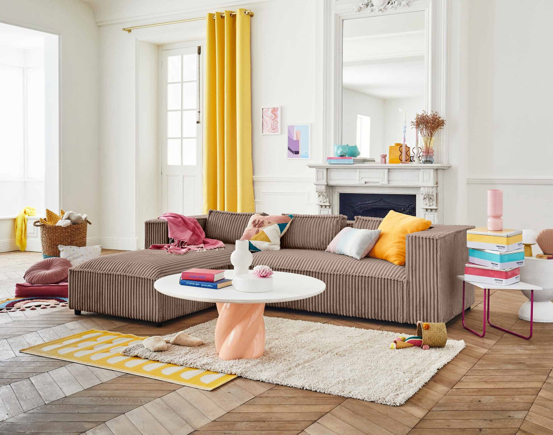 Canapé d'angle gauche 4 places en velours côtelé grosses côtes Stella