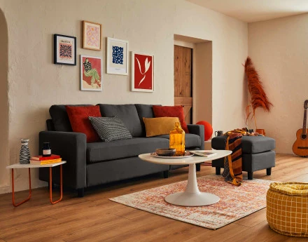 Canapé d'angle modulable 3 places + 1 pouf  en tissu - Vianon