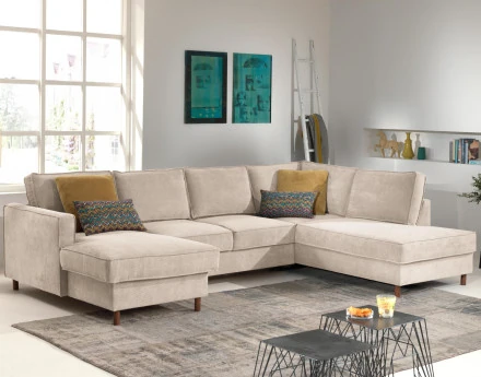 Canapé panoramique d'angle droit convertible avec coffre 7 places en velours côtelé Jake