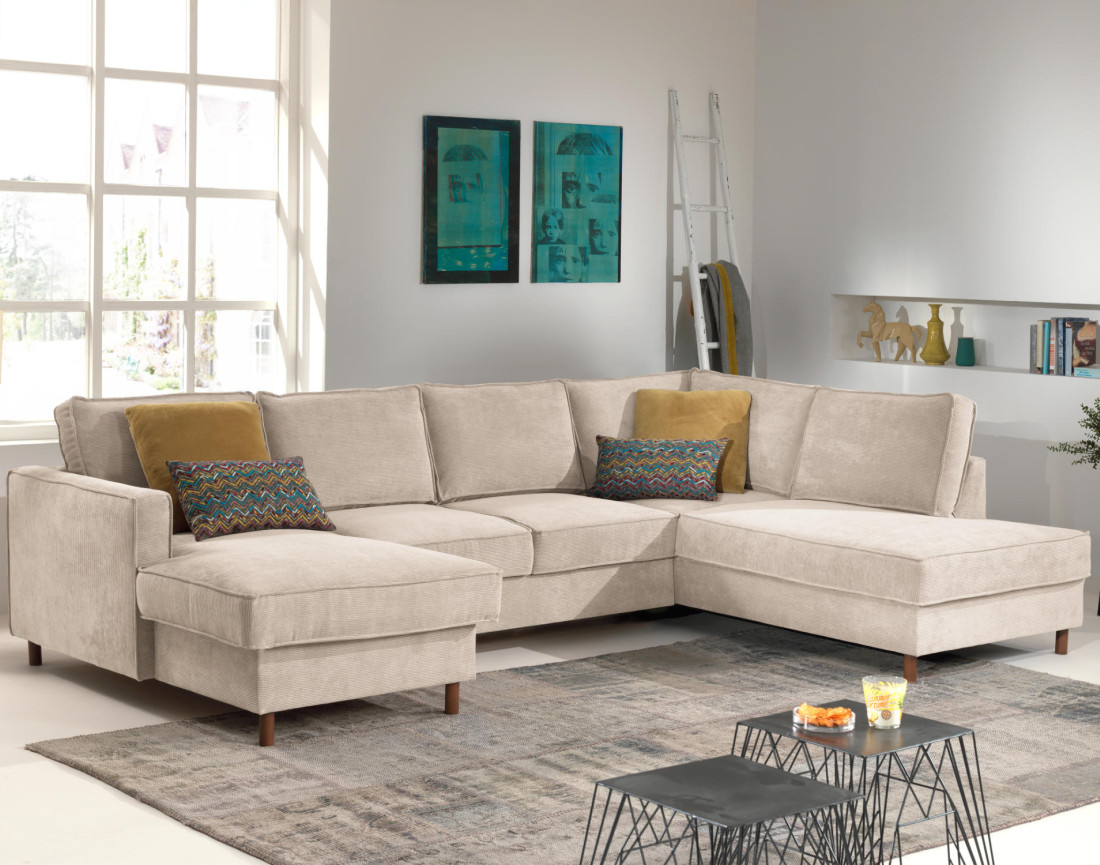 Canapé panoramique d'angle droit convertible avec coffre 7 places en velours côtelé Jake