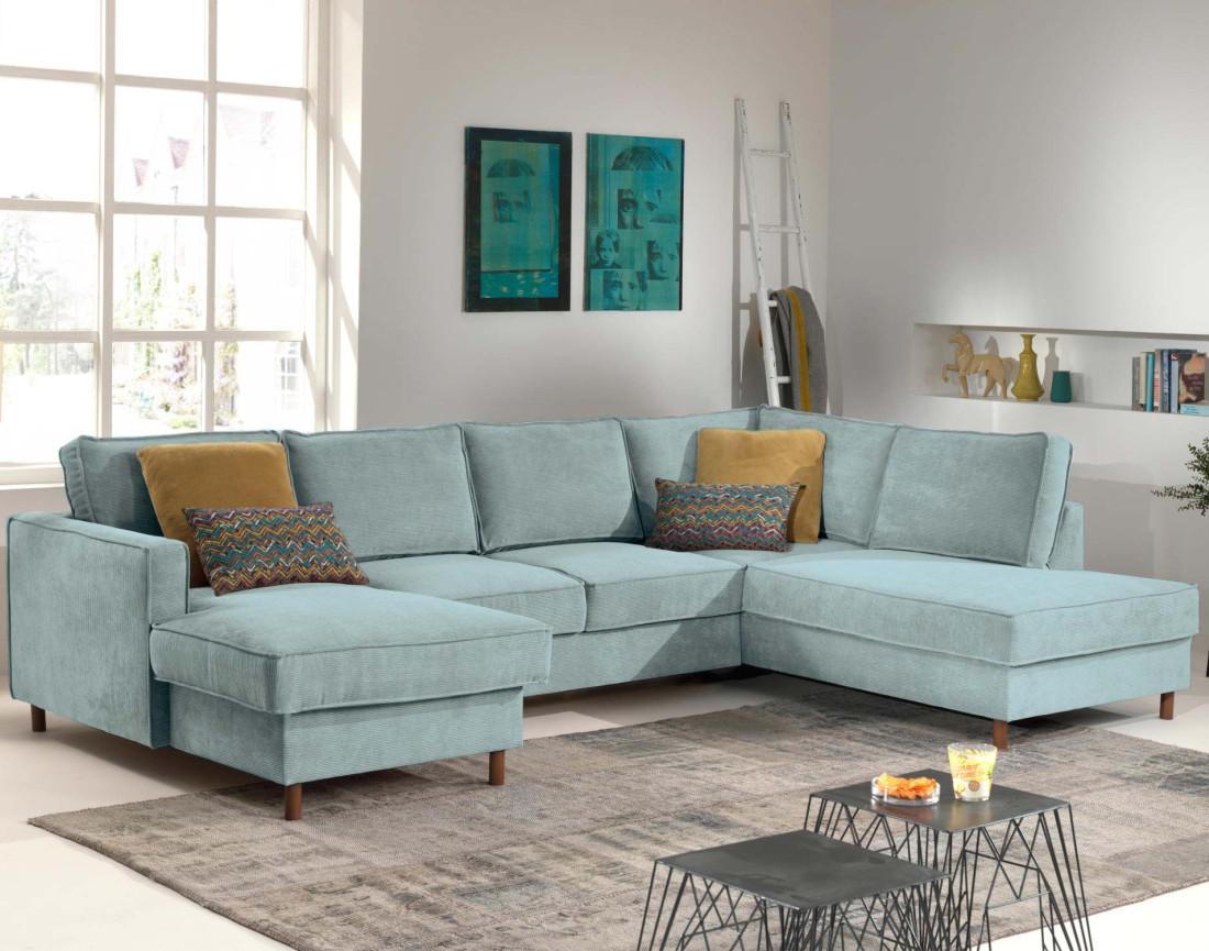 Canapé panoramique d'angle droit convertible avec coffre 7 places en velours côtelé Jake