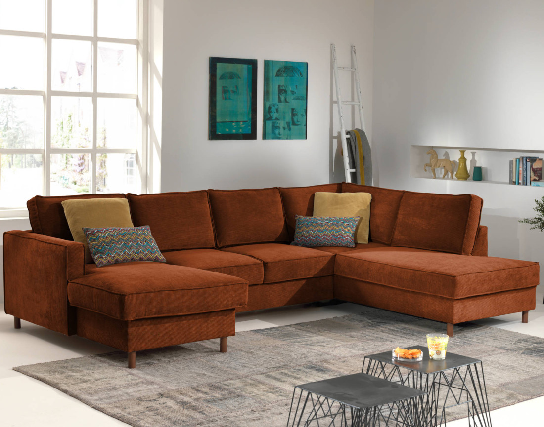 Canapé panoramique d'angle droit convertible avec coffre 7 places en velours côtelé Jake