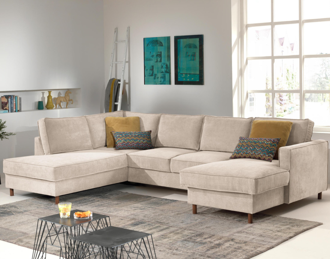 Canapé panoramique d'angle gauche convertible avec coffre 7 places en velours côtelé Jake