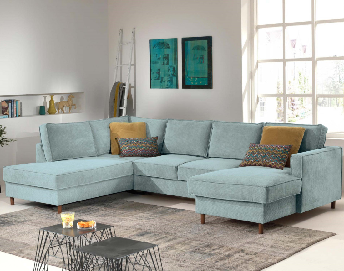 Canapé panoramique d'angle gauche convertible avec coffre 7 places en velours côtelé Jake