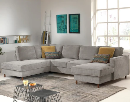 Canapé panoramique d'angle gauche convertible avec coffre 7 places en velours côtelé Jake