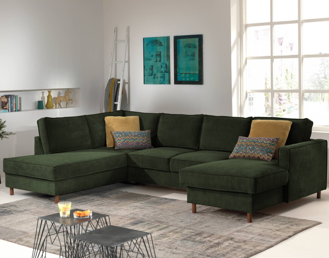 Canapé panoramique d'angle gauche convertible avec coffre 7 places en velours côtelé Jake