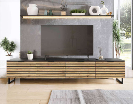 Meuble TV bois et noir 4 portes  200 cm Olympie