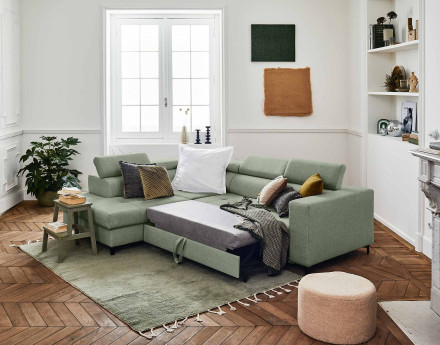 Canapé d'angle gauche 5 places convertible avec coffre et têtières en tissu Olinda