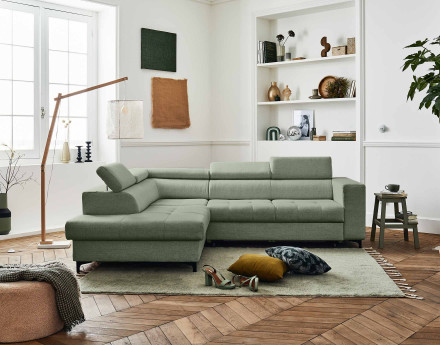 Canapé d'angle gauche 5 places convertible avec coffre et têtières en tissu Olinda