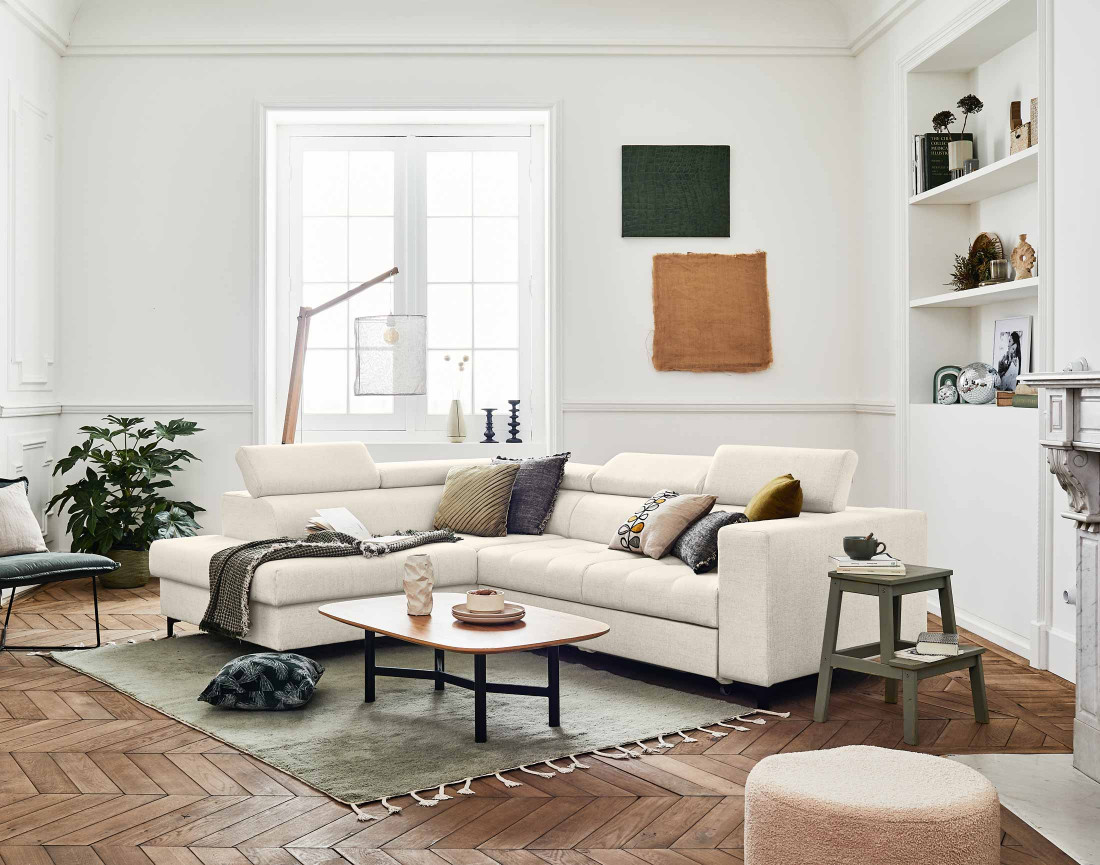 Canapé d'angle gauche 5 places convertible avec coffre et têtières en tissu Olinda