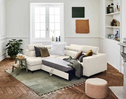 Canapé d'angle gauche 5 places convertible avec coffre et têtières en tissu Olinda