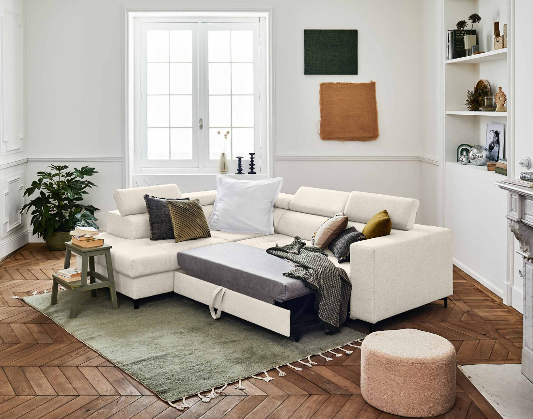 Canapé d'angle gauche 5 places convertible avec coffre et têtières en tissu Olinda