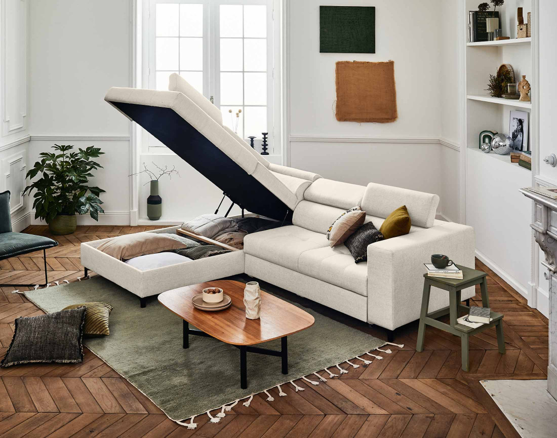 Canapé d'angle gauche 5 places convertible avec coffre et têtières en tissu Olinda