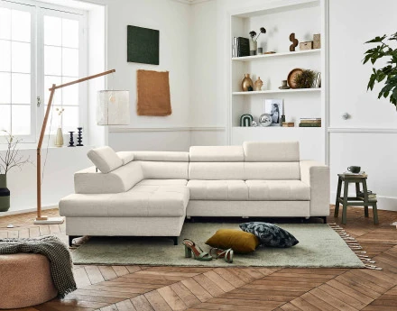 Canapé d'angle gauche 5 places convertible avec coffre et têtières en tissu Olinda