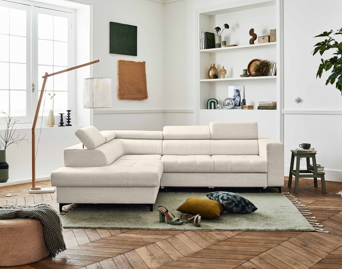 Canapé d'angle gauche 5 places convertible avec coffre et têtières en tissu Olinda