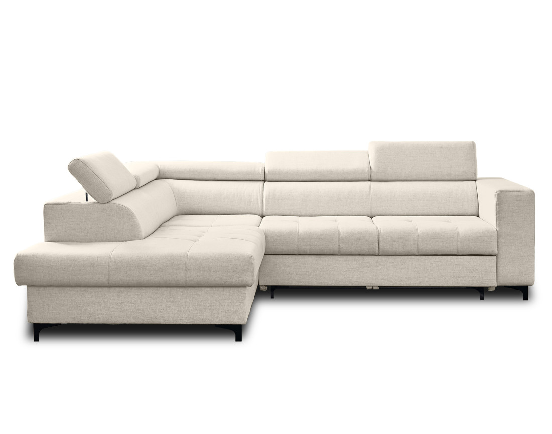 Canapé d'angle gauche 5 places convertible avec coffre et têtières en tissu Olinda