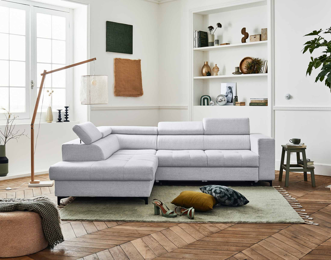 Canapé d'angle gauche 5 places convertible avec coffre et têtières en tissu Olinda