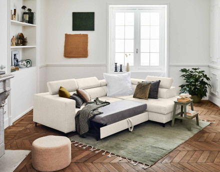 Canapé d'angle gauche 5 places convertible avec coffre et têtières réglables en tissu Olinda