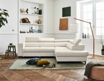 Canapé d'angle gauche 5 places convertible avec coffre et têtières réglables en tissu Olinda