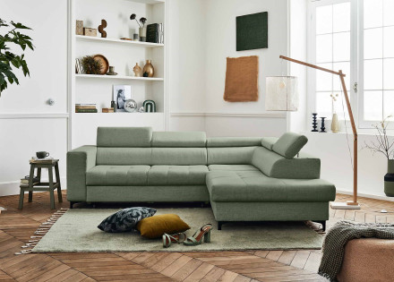 Canapé d'angle gauche 5 places convertible avec coffre et têtières réglables en tissu Olinda