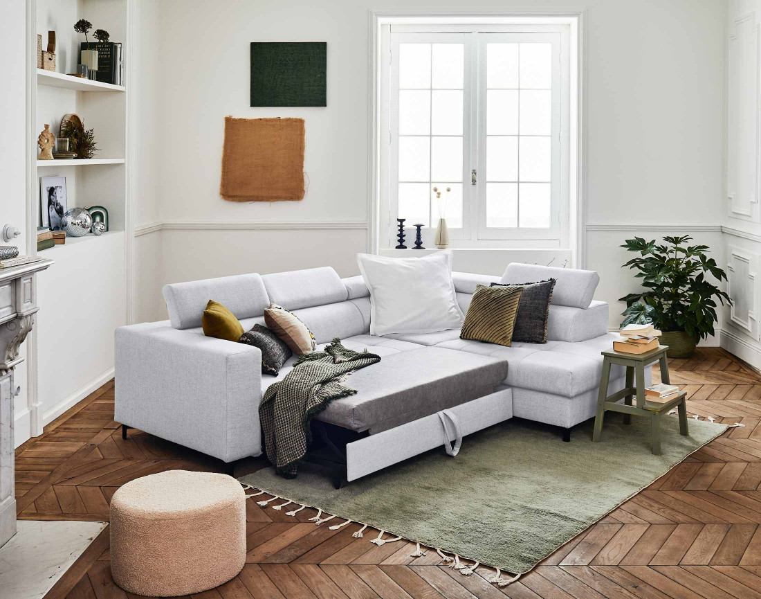 Canapé d'angle gauche 5 places convertible avec coffre et têtières réglables en tissu Olinda