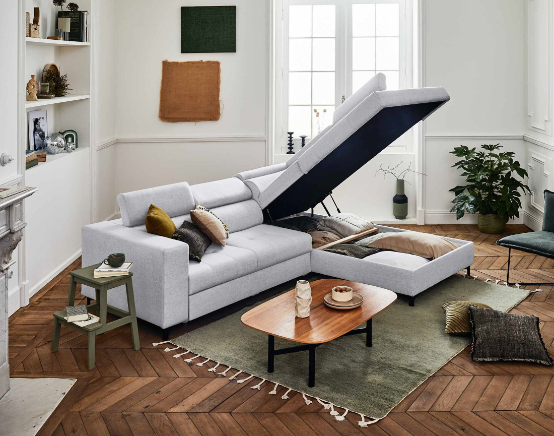 Canapé d'angle gauche 5 places convertible avec coffre et têtières réglables en tissu Olinda