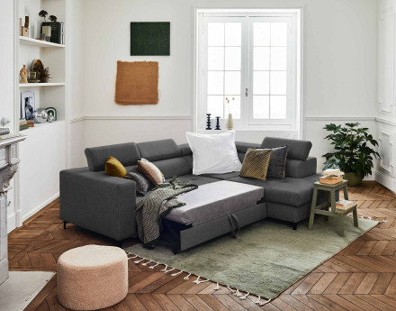 Canapé d'angle gauche 5 places convertible avec coffre et têtières réglables en tissu Olinda