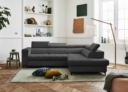 Canapé d'angle gauche 5 places convertible avec coffre et têtières réglables en tissu Olinda