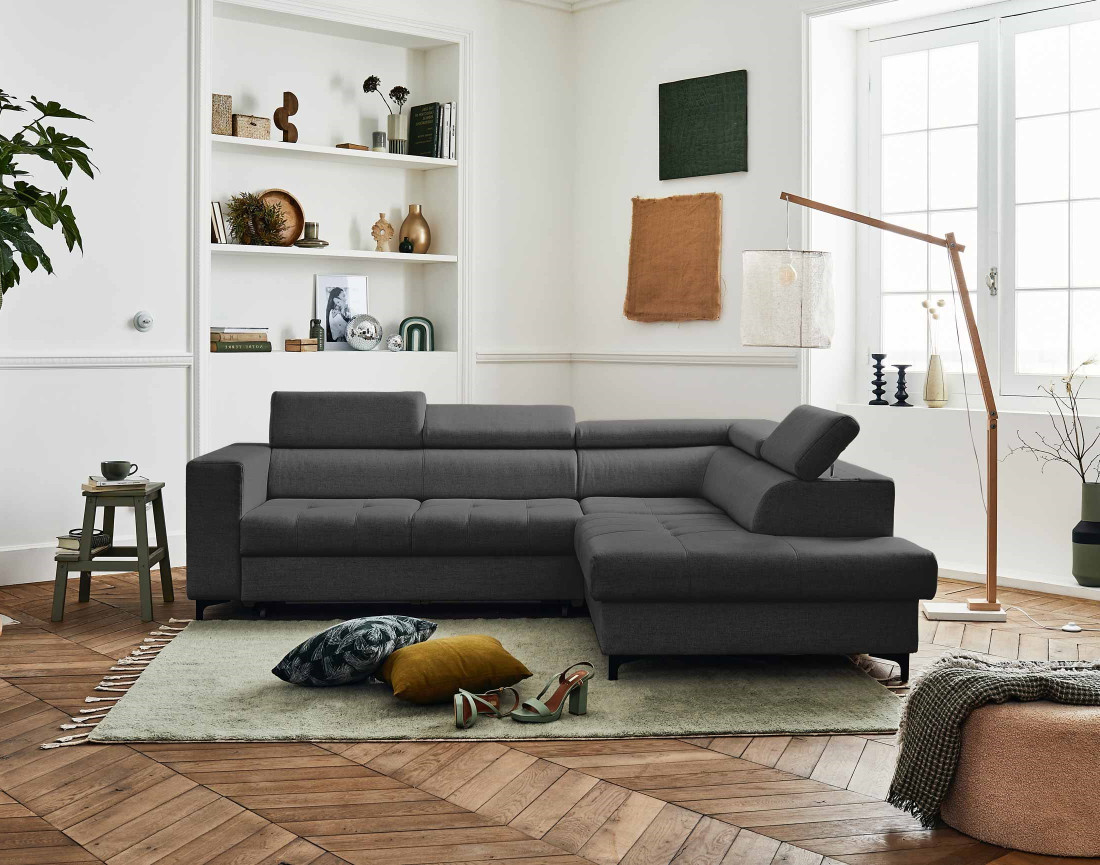 Canapé d'angle gauche 5 places convertible avec coffre et têtières réglables en tissu Olinda