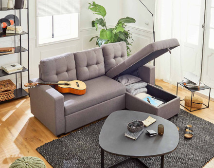 Canapé d'angle réversible 4 places convertible avec coffre en tissu Tulipe