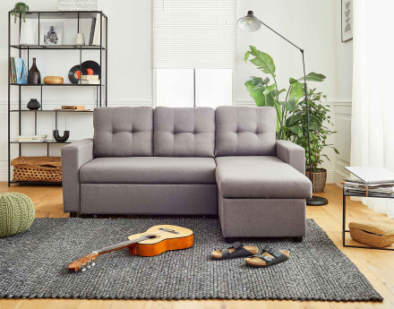 Canapé d'angle réversible 4 places convertible avec coffre en tissu Tulipe