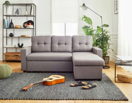 Canapé d'angle réversible 4 places convertible avec coffre en tissu Tulipe