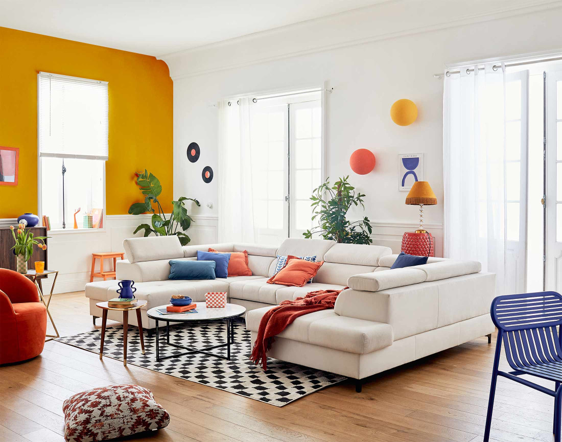 Canapé panoramique en U 7 places convertible avec coffres et têtières réglables en velours Merida