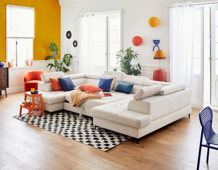 Canapé panoramique en U 7 places convertible avec coffres et têtières réglables en velours Merida