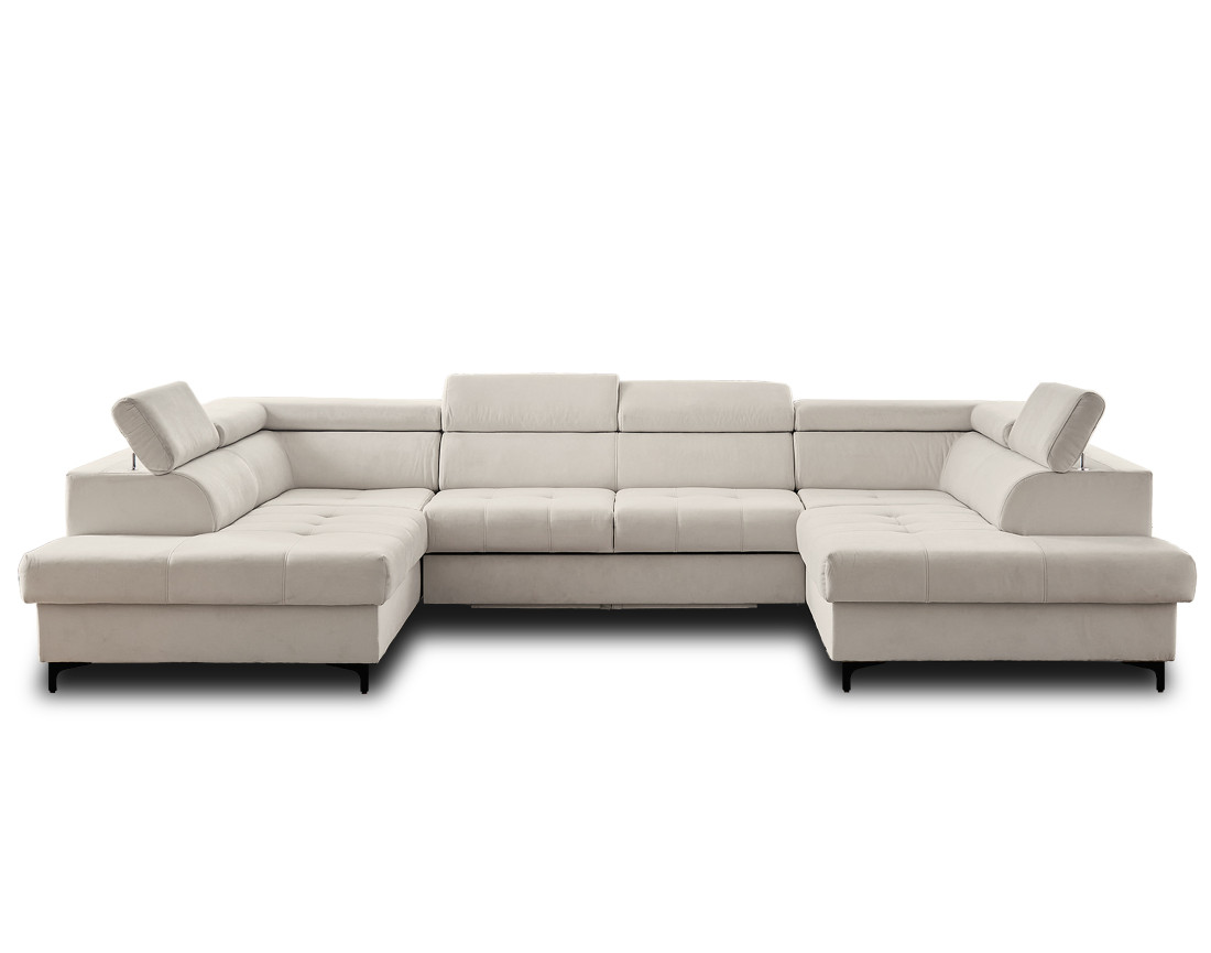 Canapé panoramique en U 7 places convertible avec coffres et têtières réglables en velours Merida