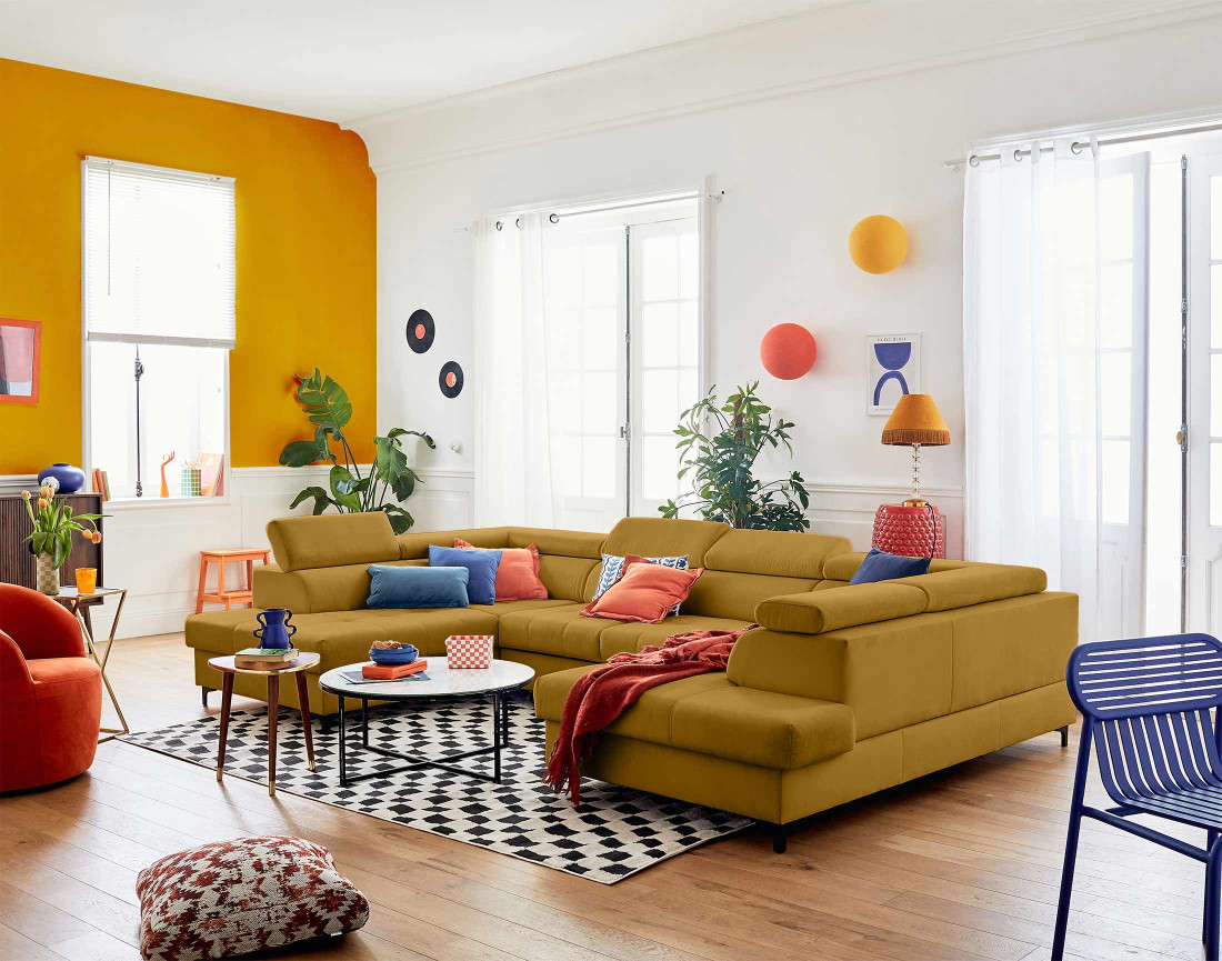 Canapé panoramique en U 7 places convertible avec coffres et têtières réglables en velours Merida