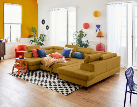 Canapé panoramique en U 7 places convertible avec coffres et têtières réglables en velours Merida