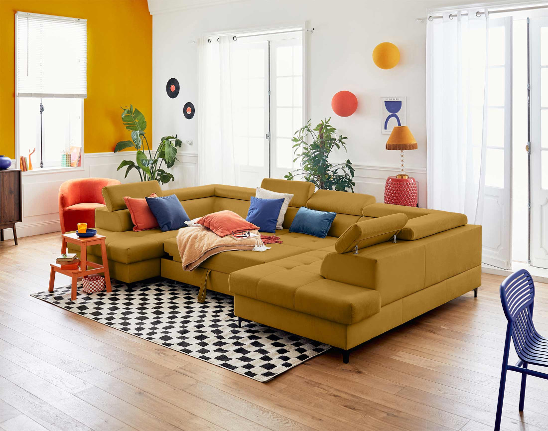 Canapé panoramique en U 7 places convertible avec coffres et têtières réglables en velours Merida