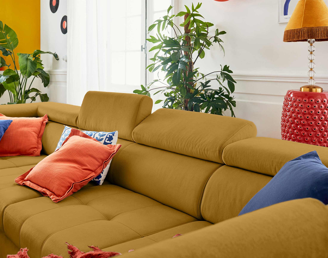 Canapé panoramique en U 7 places convertible avec coffres et têtières réglables en velours Merida