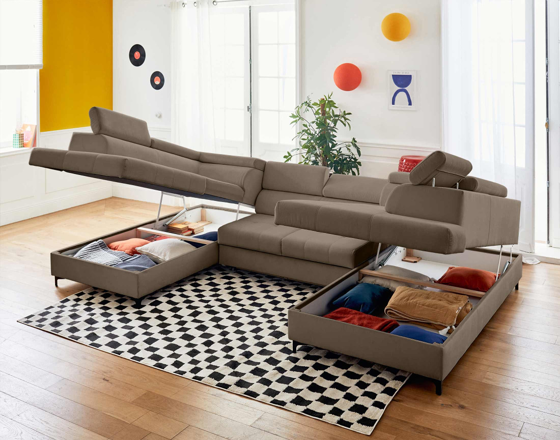 Canapé panoramique en U 7 places convertible avec coffres et têtières réglables en velours Merida
