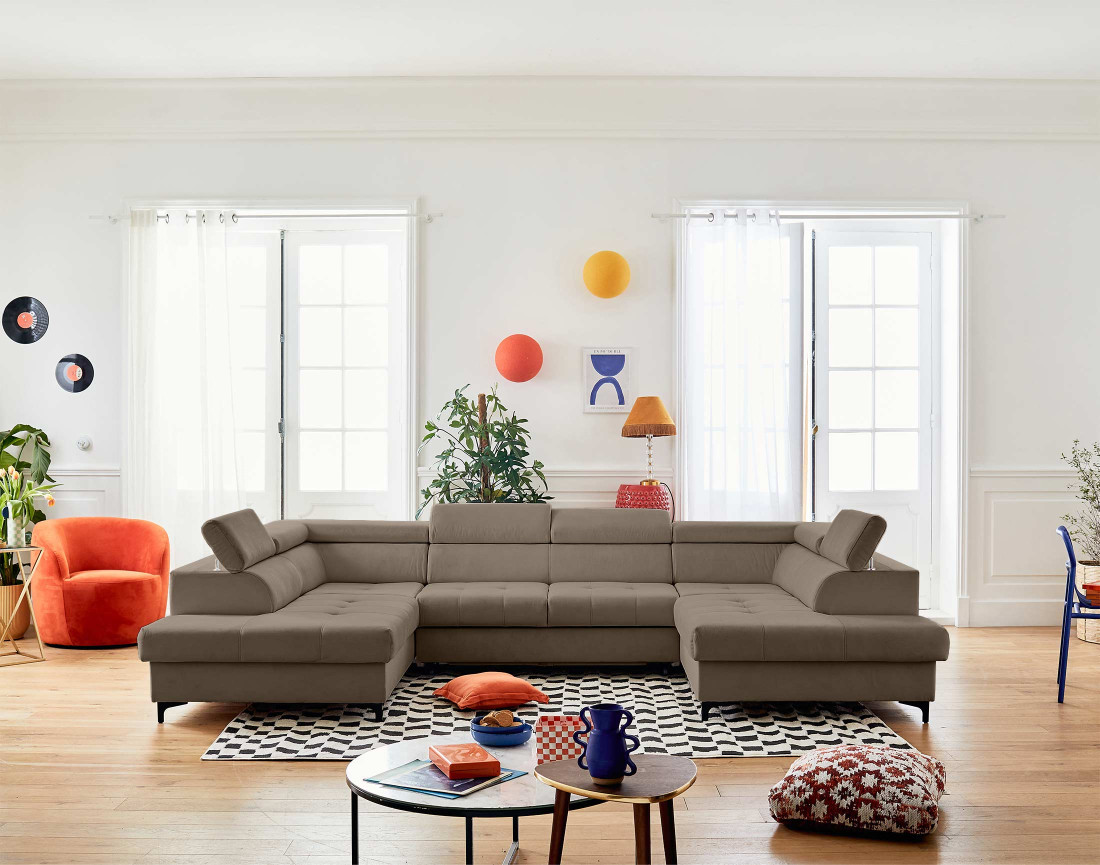 Canapé panoramique en U 7 places convertible avec coffres et têtières réglables en velours Merida