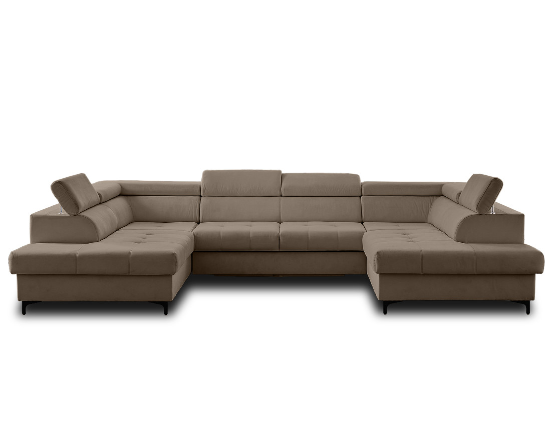 Canapé panoramique en U 7 places convertible avec coffres et têtières réglables en velours Merida