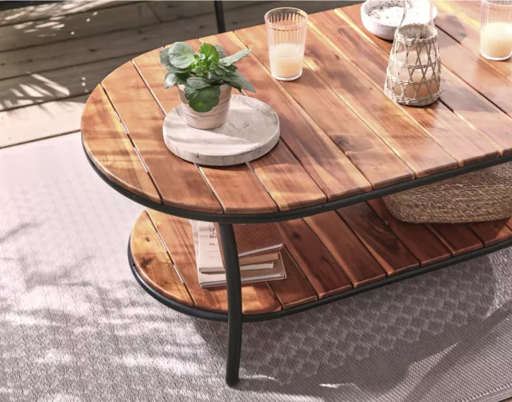 Moana - salon bas de jardin 4 places + table - en corde et bois - coussins gris