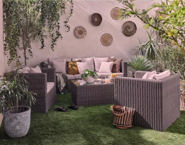 Palavas - salon bas de jardin 5 places en résine tressée gris avec coussins beiges