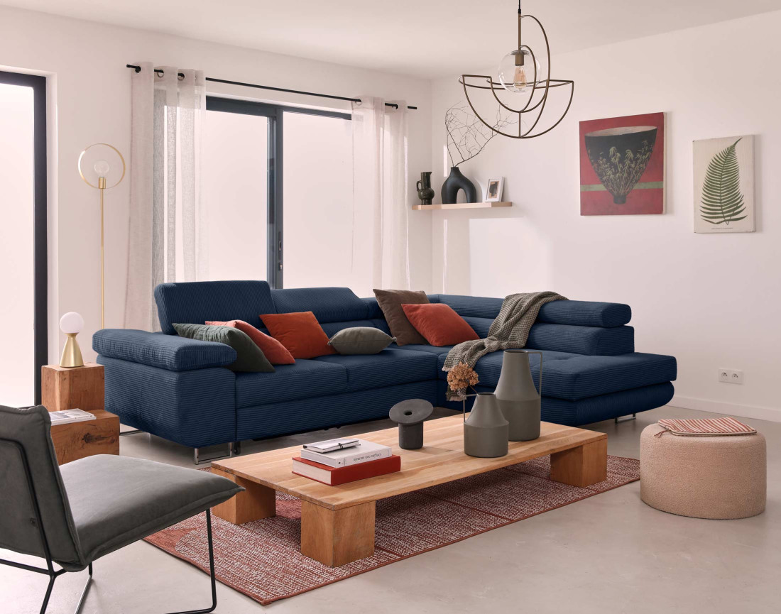 Canapé d'angle droit convertible avec coffre et têtières 5 places en velours côtelé Zaria