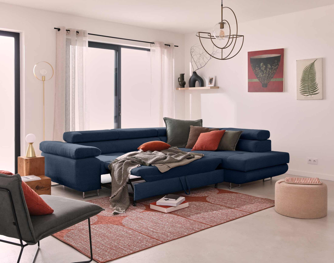 Canapé d'angle droit convertible avec coffre et têtières 5 places en velours côtelé Zaria